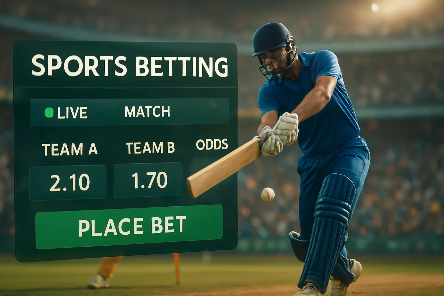 Sports betting banner with cricket action, stadium crowd, and betting interface