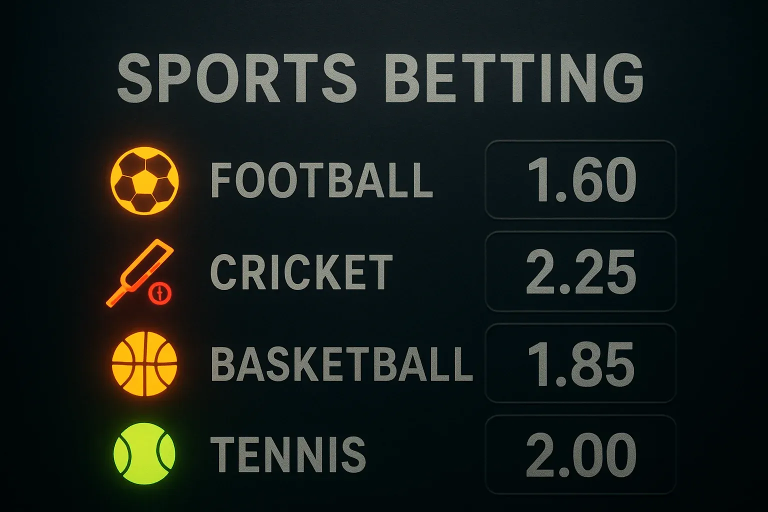 Sports betting markets display with odds for football cricket basketball and tennis