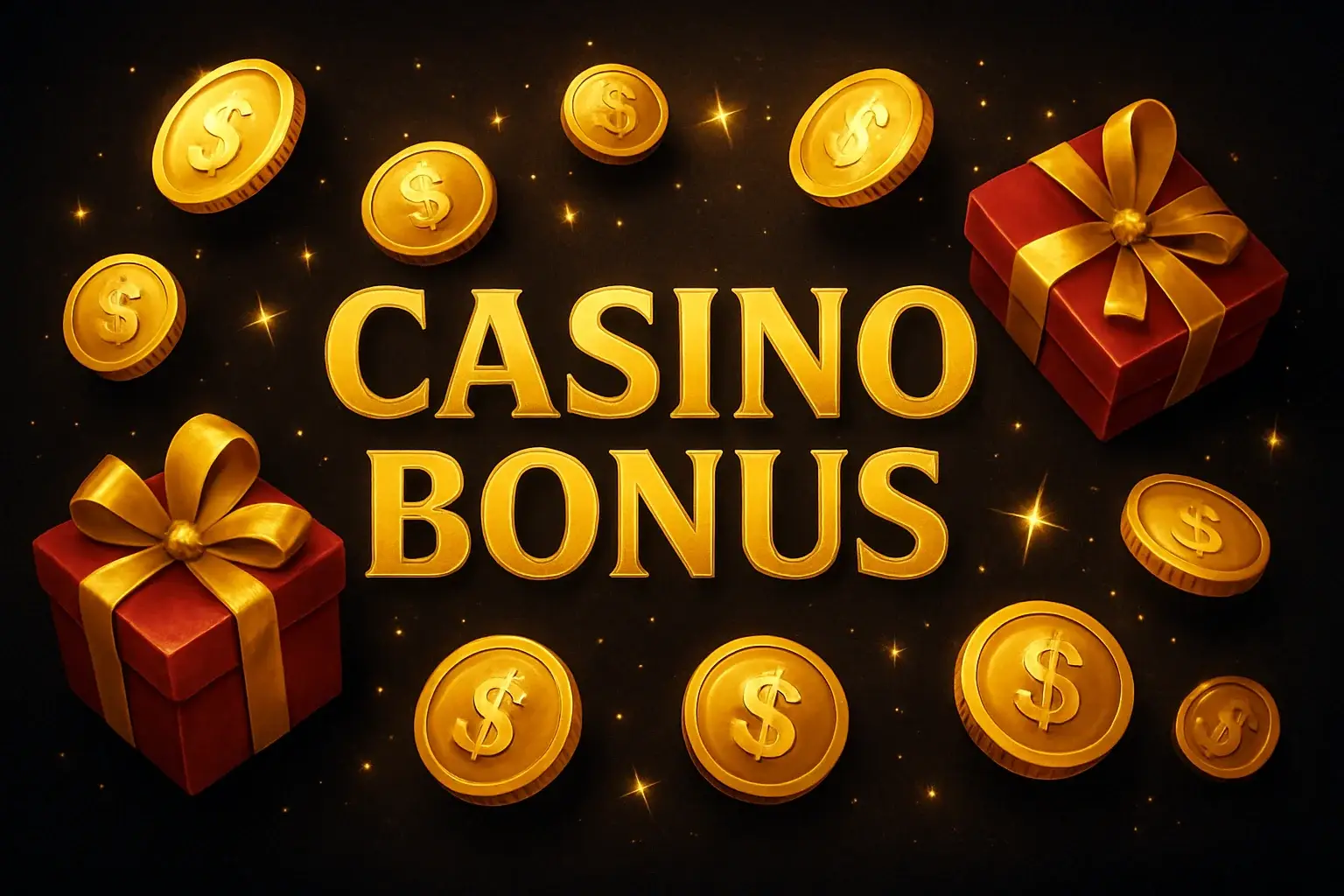 Casino bonus banner with golden coins, gift boxes, and sparkles