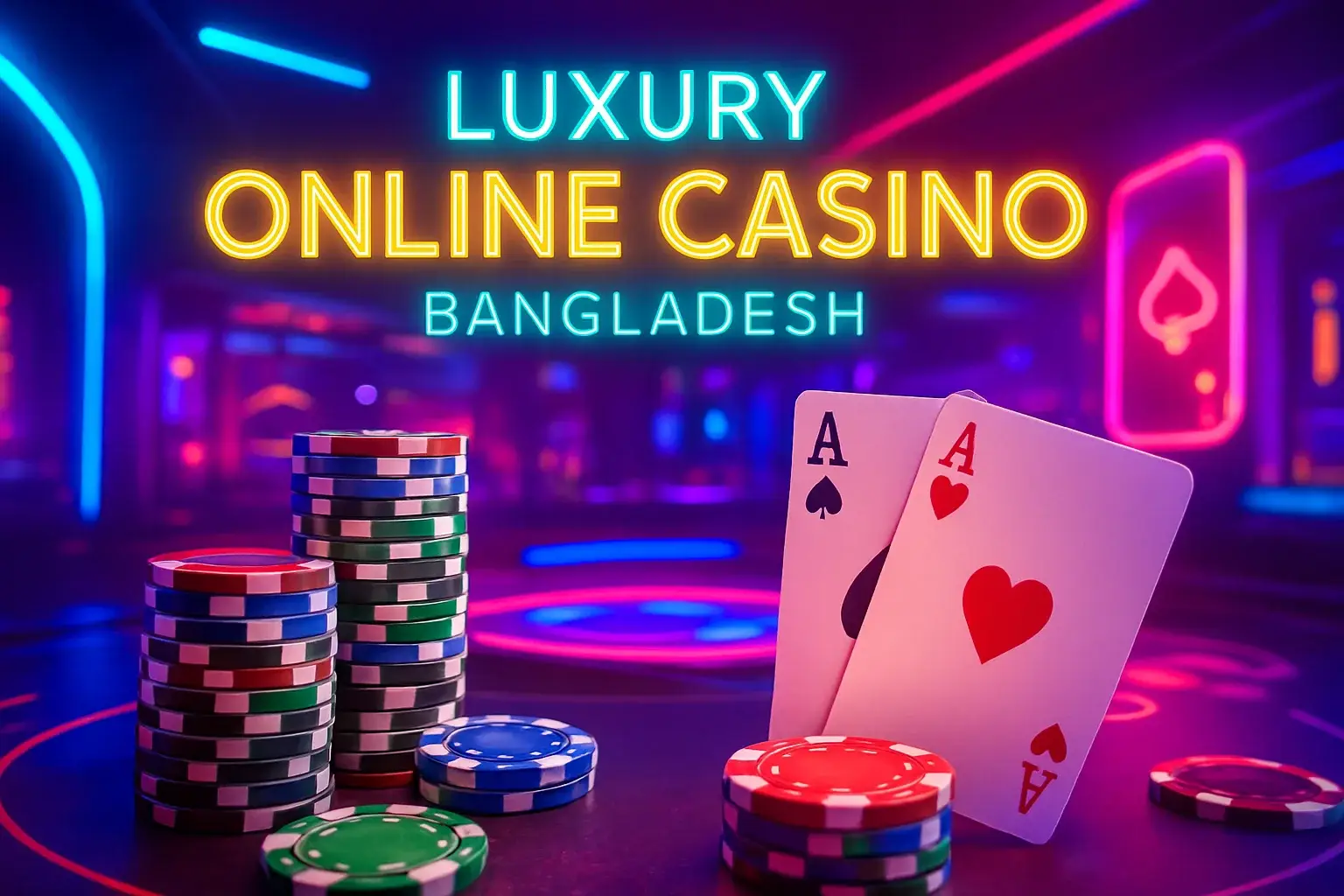 Luxury online casino hero banner with neon lights, chips and cards
