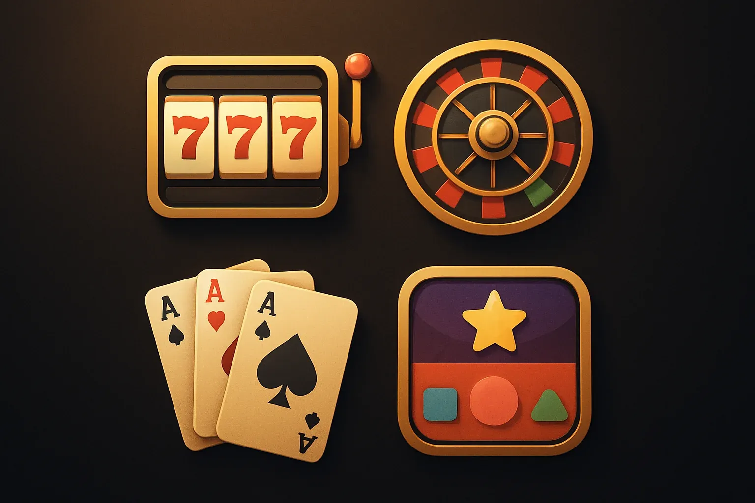 Popular casino game icons with slots, roulette, cards, dark premium UI
