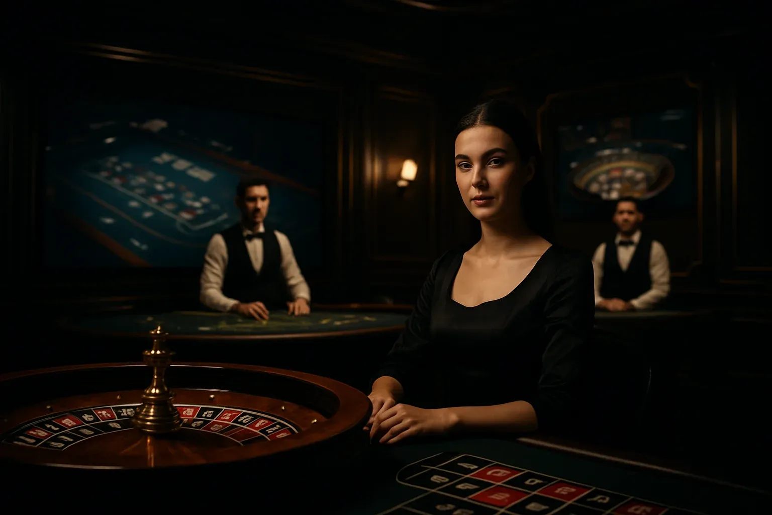 Elegant live casino studio with dealers, roulette and blackjack screens