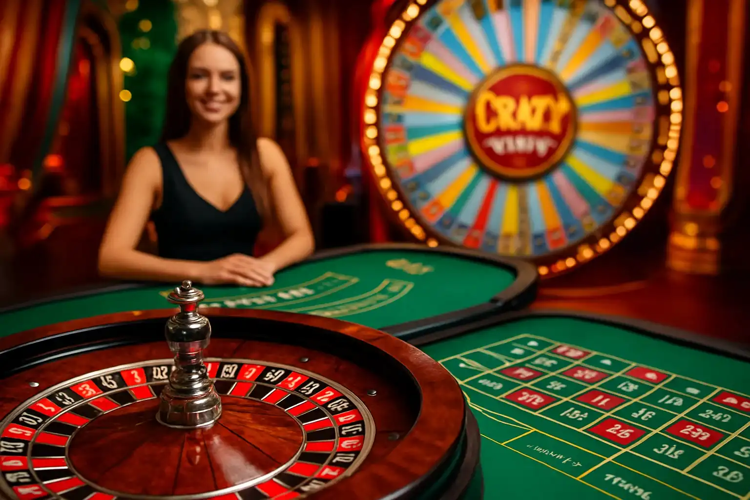 Live casino game cards with roulette, blackjack, Crazy Time, and dealer