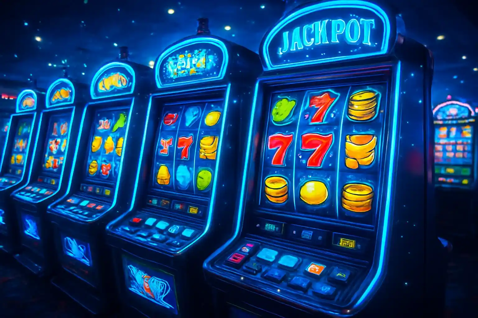 Colorful casino slot machines with coins, diamonds, sevens, and sparkle effects