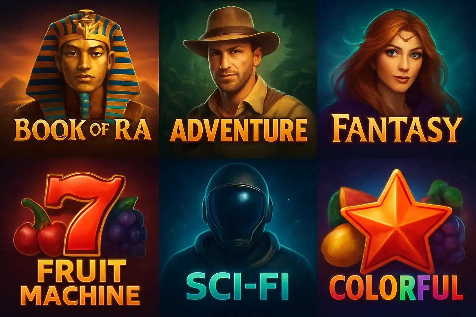 Grid of colorful slot game thumbnails with Egypt, fantasy, fruit, and sci-fi themes